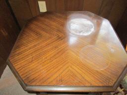 Pair Dark Wood Veneer Hexagonal Side Tables w/ 1 Hutch Door, Paneled/Carved Motif