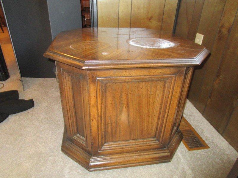 Pair Dark Wood Veneer Hexagonal Side Tables w/ 1 Hutch Door, Paneled/Carved Motif