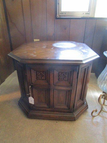 Pair Dark Wood Veneer Hexagonal Side Tables w/ 1 Hutch Door, Paneled/Carved Motif