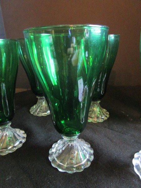 6 Green Glass Goblets w/ Swirl/Bubble Design Base