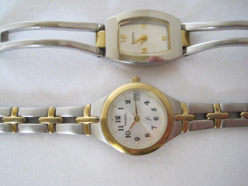 2 Fossil Ladies Wrist Watches F2 Stainless Bands Gold Tone Accent