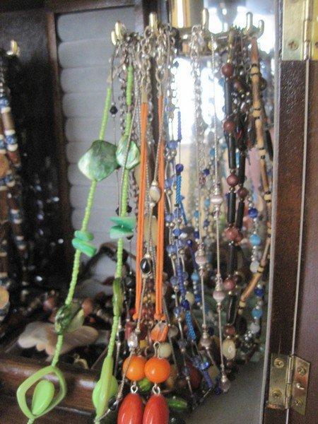 Oak Mid-Century Design Jewelry Chest w/ Misc. Fashion Jewelry Necklaces, Bracelets