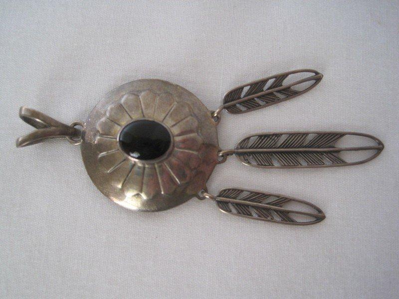 Signed Sterling Native American Pendant Medallion w/ Black Onyx & 3 Feathers Design