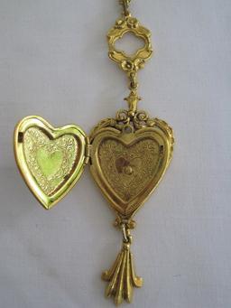 Heart Shaped Locket Engraved Pendant on Double Strands Gold Tone Chain by Art