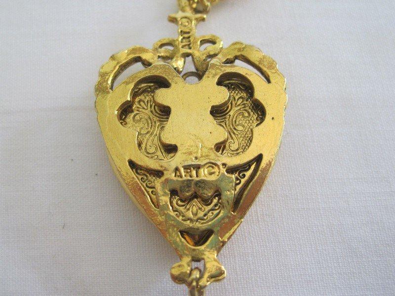 Heart Shaped Locket Engraved Pendant on Double Strands Gold Tone Chain by Art