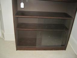 Retro Dark Stain Wood Grain Finish Bookcase w/ Double Glass Sliding Panels