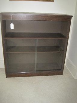 Retro Dark Stain Wood Grain Finish Bookcase w/ Double Glass Sliding Panels