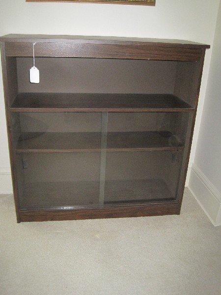 Retro Dark Stain Wood Grain Finish Bookcase w/ Double Glass Sliding Panels