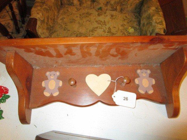 Pair - Wooden Child's Shelf w/ 2 Coat Hangers, 1 w/ Heart Motif, Teddy Bears, 1 w/ Roses