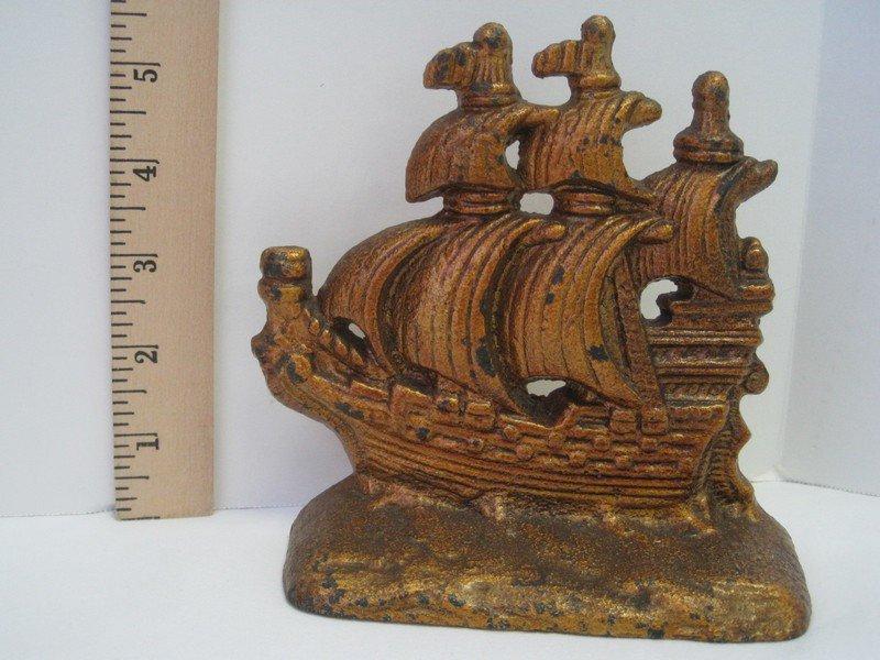 Pair - Vintage Cast Iron Schooner Sailing Ship Bookends Antiqued Gilded Patina