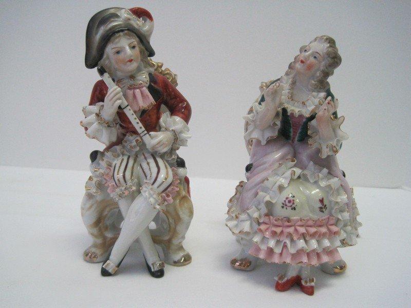 Pair - Porcelain Victorian Couple Figurines Hand-Painted Gilt Accent