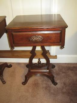 Pair - Mahogany Victorian Era Style Pedestal End Tables w/ Drawer, Carved Pull, Drop Finials