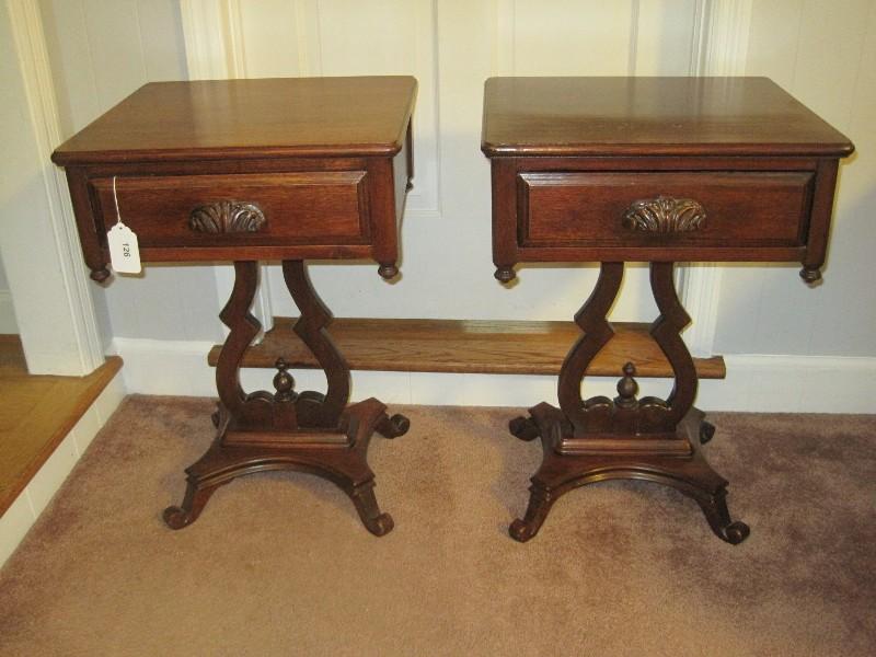 Pair - Mahogany Victorian Era Style Pedestal End Tables w/ Drawer, Carved Pull, Drop Finials