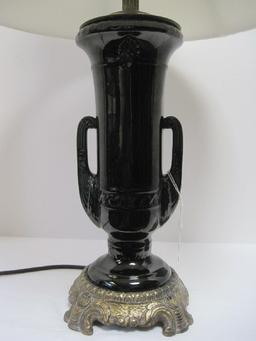 Urn Form Double Handle Table Lamp Black Gloss Finish on Ornately Embellished Antiqued