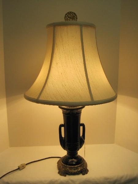 Urn Form Double Handle Table Lamp Black Gloss Finish on Ornately Embellished Antiqued