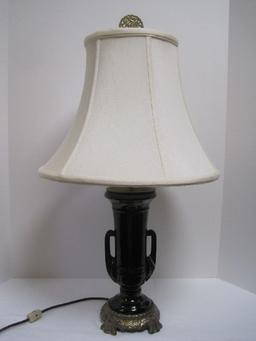 Urn Form Double Handle Table Lamp Black Gloss Finish on Ornately Embellished Antiqued