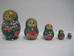 Set - 5 Russian Nesting Dolls Hand Crafted/Painted Floral Design Green Background