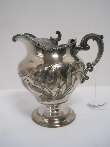 Special Metal Silverplated Footed Syrup Pitcher w/ Relief Tulip Pattern
