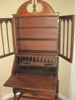 Mahogany Slant Front Secretary Desk Bookcase w/ Fitted Interior Compartments