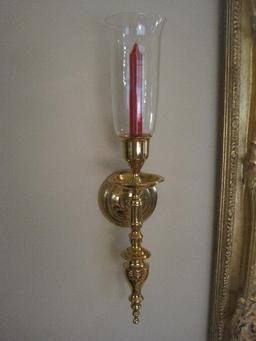 Pair - Brass Classic Colonial Style Wall Sconces w/ Clear Glass Hurricane Shades