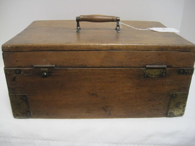 Antique Pine Box w/ Double Latch, 2 Fitted Interior Trays, Center Wood Handle & Brass Trim