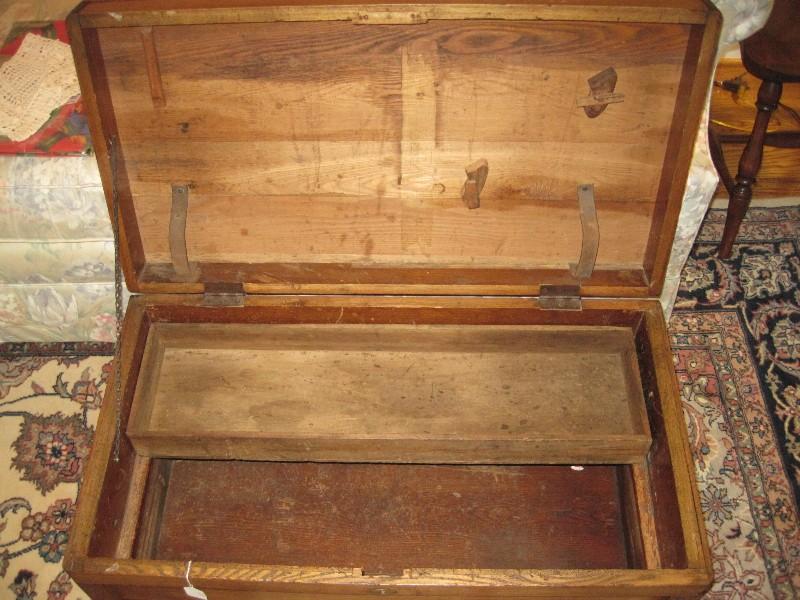 Early Oak Tool Box Chest w/ Tray, Hinged Top, Wrought Iron Side Handles & Brass Escutcheon