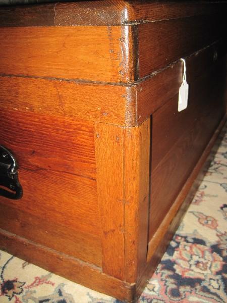 Early Oak Tool Box Chest w/ Tray, Hinged Top, Wrought Iron Side Handles & Brass Escutcheon