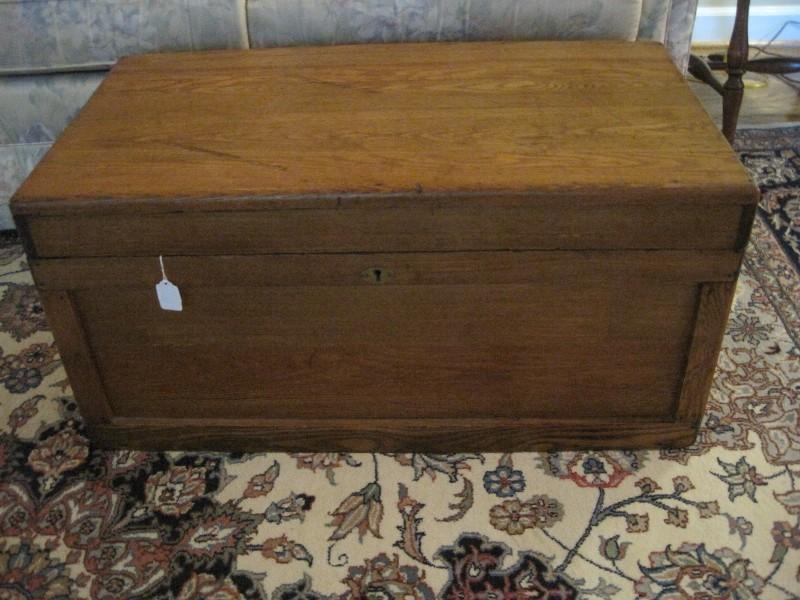 Early Oak Tool Box Chest w/ Tray, Hinged Top, Wrought Iron Side Handles & Brass Escutcheon