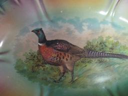 Pheasant Motif, Brown/Green/Purple Oval Dish, Scalloped/Ornate Rim