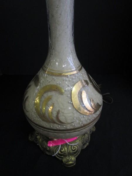 Glass/Brass Base Desk Lamp, Ornate Base, Gilted Wave/Crackle Glass Pattern Body