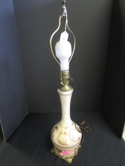 Glass/Brass Base Desk Lamp, Ornate Base, Gilted Wave/Crackle Glass Pattern Body