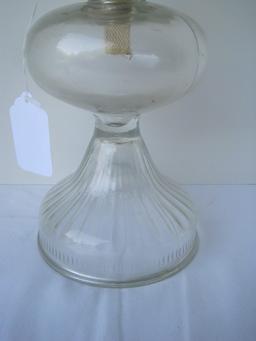 P&A Vintage Pressed Glass Pedestal Oil Lamp w/ Chimney Beaded Trim