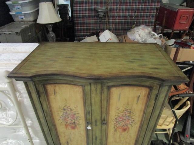 Wooden Serpentine Front Bedroom Cabinet Green/Corn Yellow w/ Floral Transfer