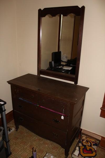 Dark Wood 2 Over 2 Dresser w/ Vanity Mirror, Bow Skirt, Casters