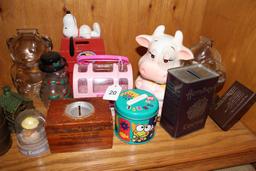 Shelf Lot - Vintage Hershey's Coca, Glass Décor, Piggy Banks, Etc.