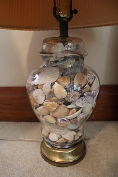 Pair - Urn Motif Glass Lamps w/ Seashell Contents, Brass Base w/ Shades