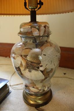 Pair - Urn Motif Glass Lamps w/ Seashell Contents, Brass Base w/ Shades