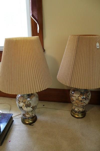 Pair - Urn Motif Glass Lamps w/ Seashell Contents, Brass Base w/ Shades