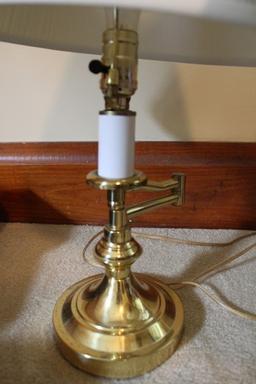 Pair - Brass Adjustable Desk Lamps, 1 Column Design, Leaf Neck w/ Shade
