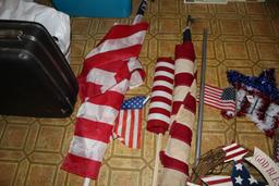 Lot - American Flags, Various Sizes, 1 w/ Metal Pole, Tinsel Star, Etc.