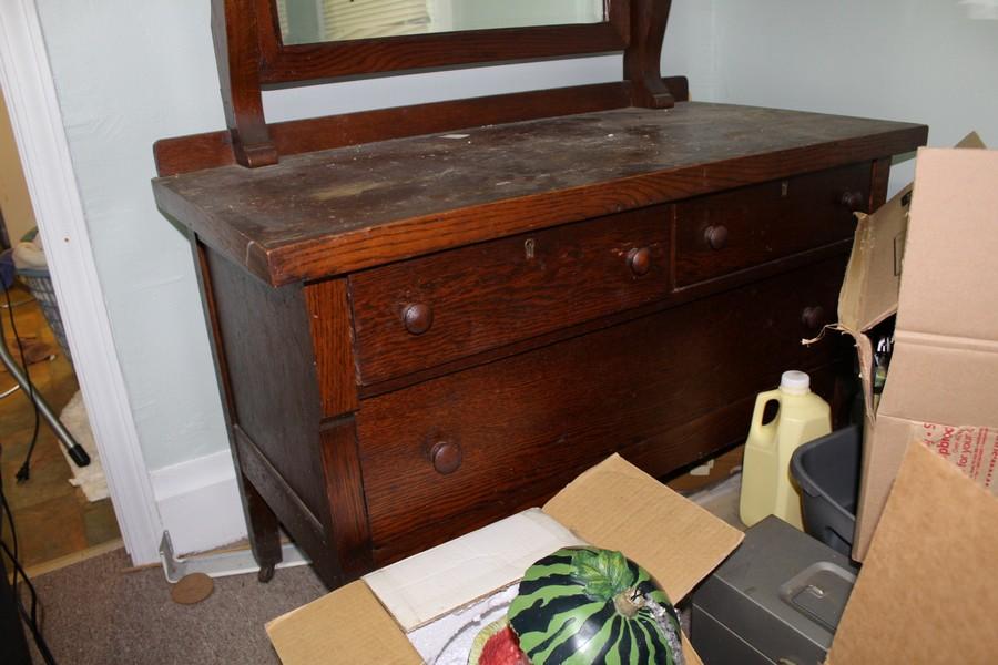 Stained Wooden Bedroom Vanity w/ Attached Mirror