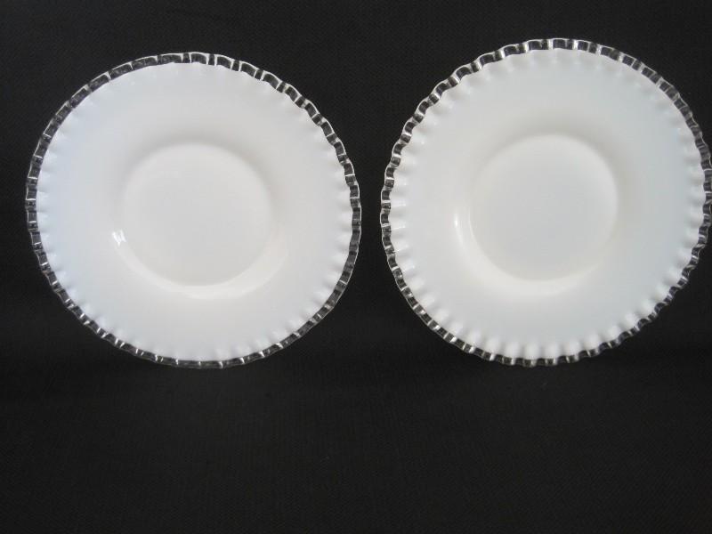 2 Fenton Silver Crest 8" Salad Plates Clear Crimped Crest on Milk Glass