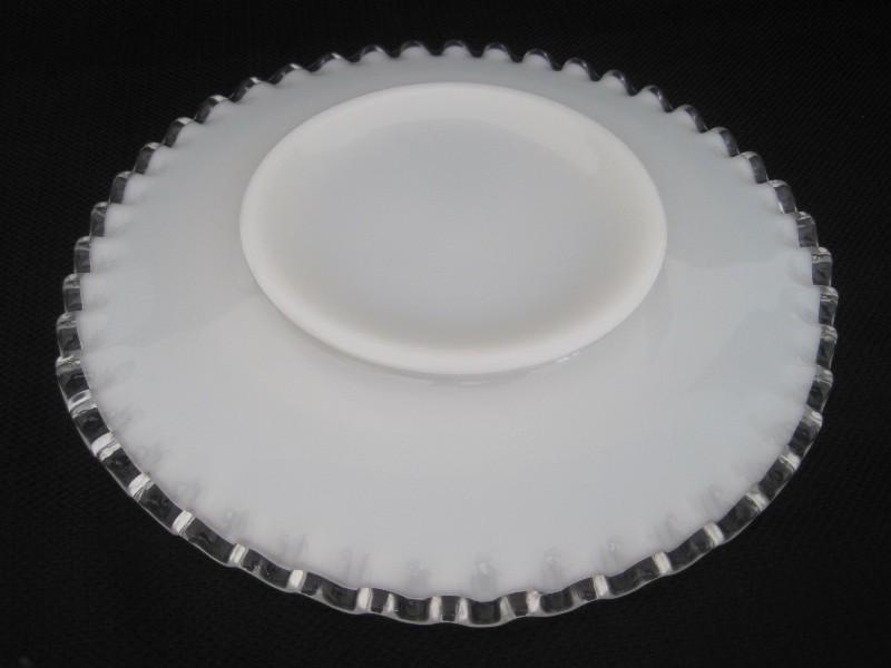 2 Fenton Silver Crest 8" Salad Plates Clear Crimped Crest on Milk Glass