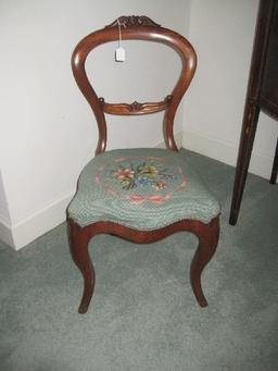 Walnut French Inspired Balloon Back Chair w/ Floral Spray Petit-Point Upholstered Seal