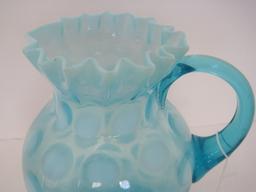 Fenton Blue Opalescent Coin Dot Pitcher Jug w/ Applied Handle, Ruffled Crimped Edge