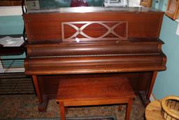 Rice Mirror Upright Piano Mahogany Wood Veneer on Casters w/ Stool