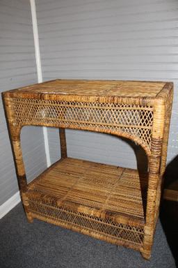 2-Tier Wicker Lattice Side Table, Square Top w/ Curved Sides