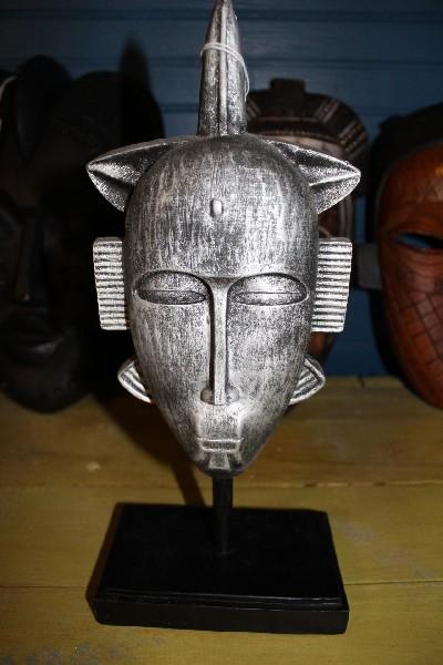 Standing Silver Color African Mask on Stand Desk Décor