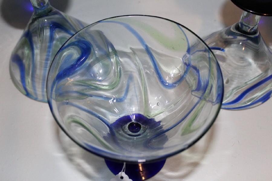 3 Blue/Green Swirl Glass Margarita Glasses