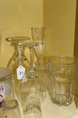 Lot - Misc. Glass, 3 Crystal Glass Champaign Flutes, 2 Green Glass w/ White Floral Patterns